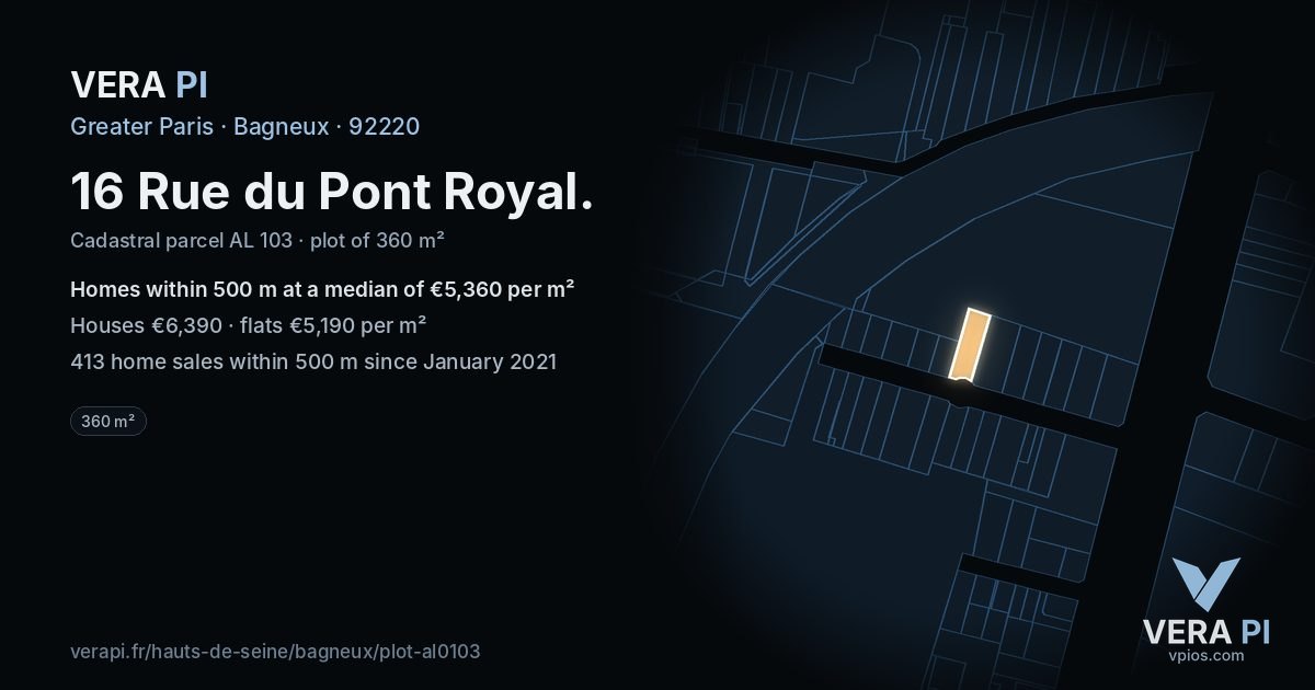 16 Rue du Pont Royal, Bagneux at night – the plot lit, the parcels around coloured by the prices near them