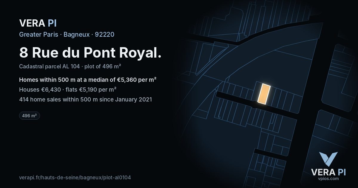 8 Rue du Pont Royal, Bagneux at night – the plot lit, the parcels around coloured by the prices near them