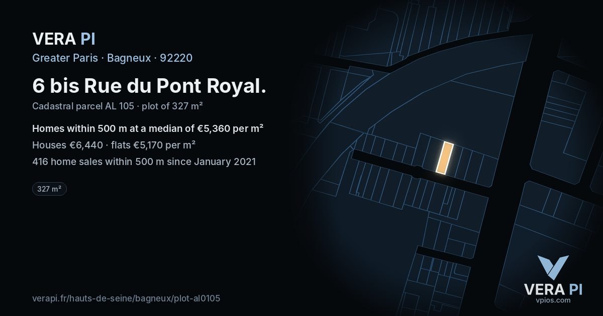 6 bis Rue du Pont Royal, Bagneux at night – the plot lit, the parcels around coloured by the prices near them