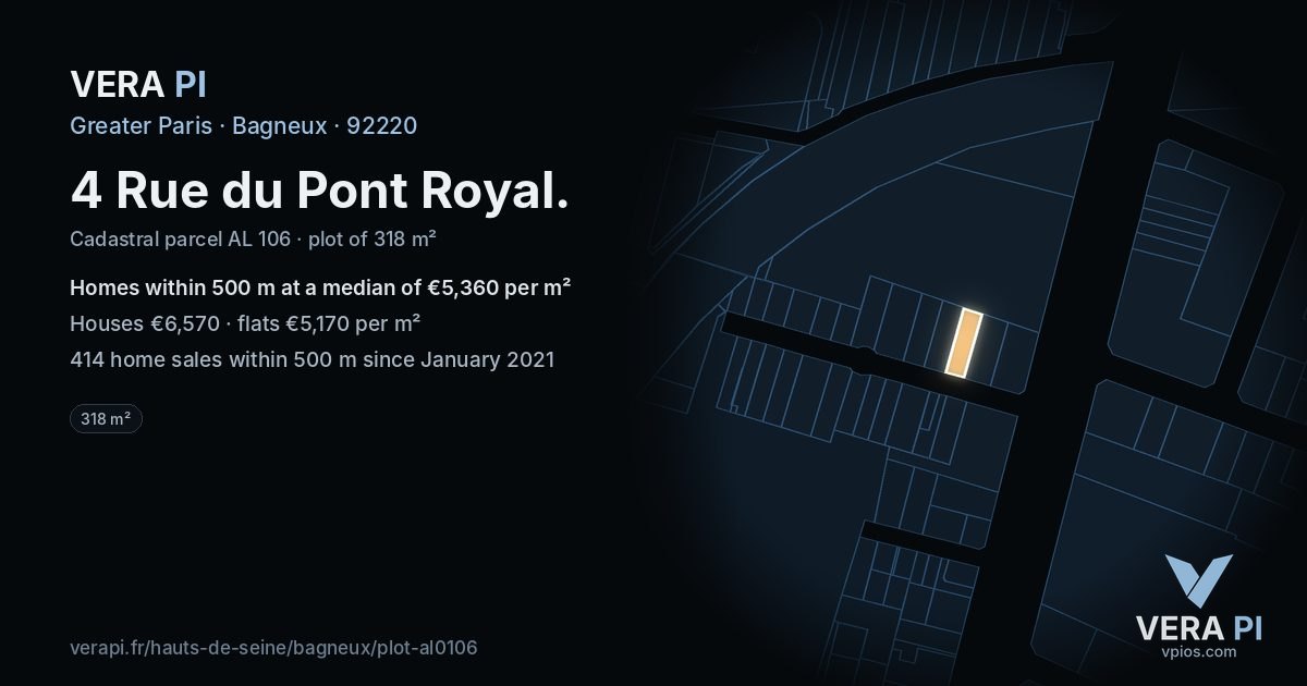 4 Rue du Pont Royal, Bagneux at night – the plot lit, the parcels around coloured by the prices near them