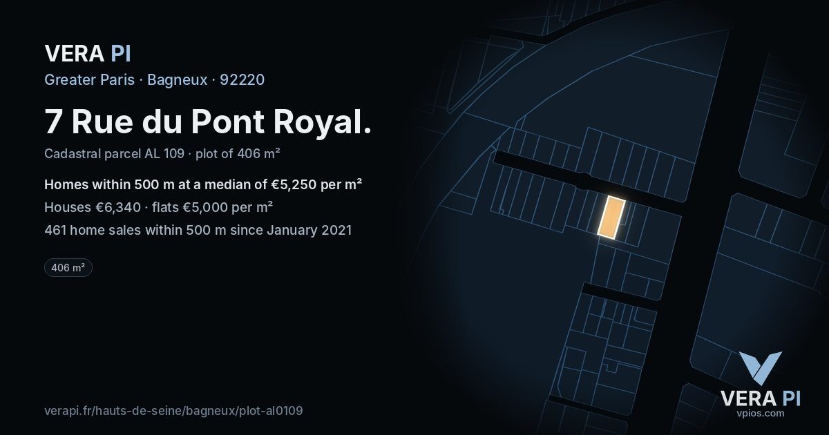 7 Rue du Pont Royal, Bagneux at night – the plot lit, the parcels around coloured by the prices near them