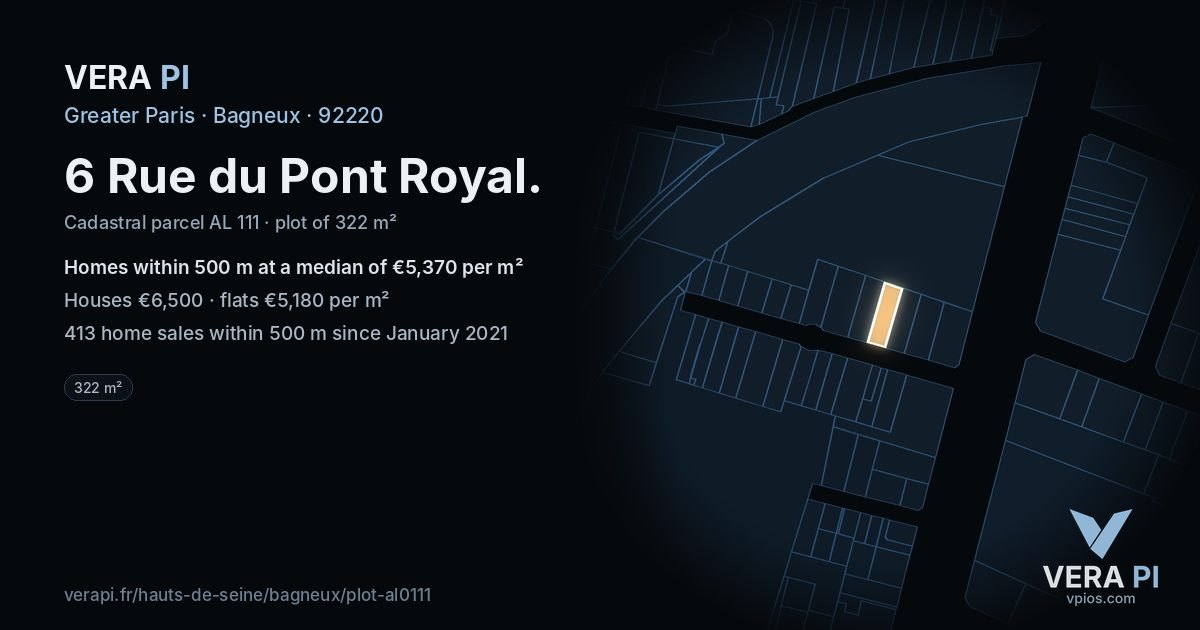 6 Rue du Pont Royal, Bagneux at night – the plot lit, the parcels around coloured by the prices near them