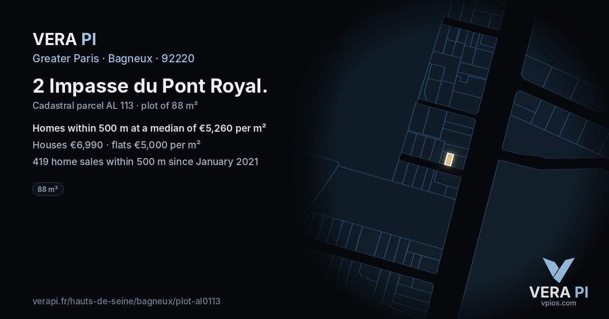 2 Impasse du Pont Royal, Bagneux at night – the plot lit, the parcels around coloured by the prices near them
