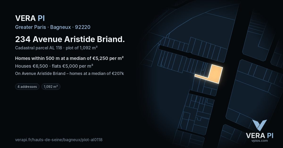 234 Avenue Aristide Briand, Bagneux at night – the plot lit, the parcels around coloured by the prices near them