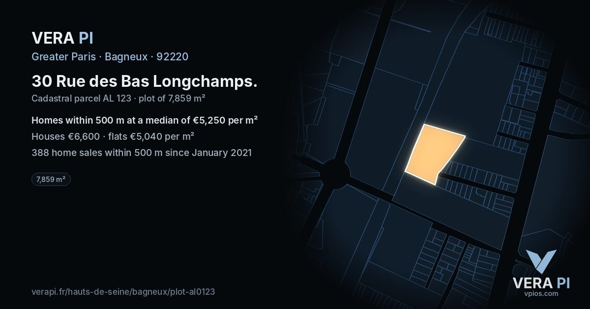 30 Rue des Bas Longchamps, Bagneux at night – the plot lit, the parcels around coloured by the prices near them