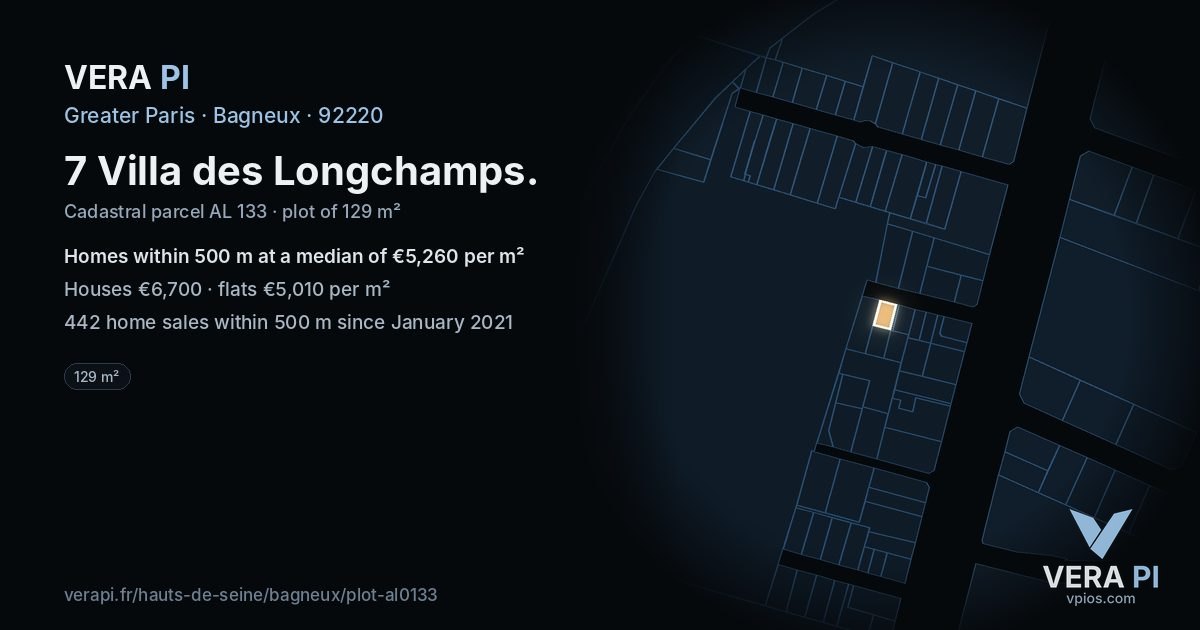 7 Villa des Longchamps, Bagneux at night – the plot lit, the parcels around coloured by the prices near them