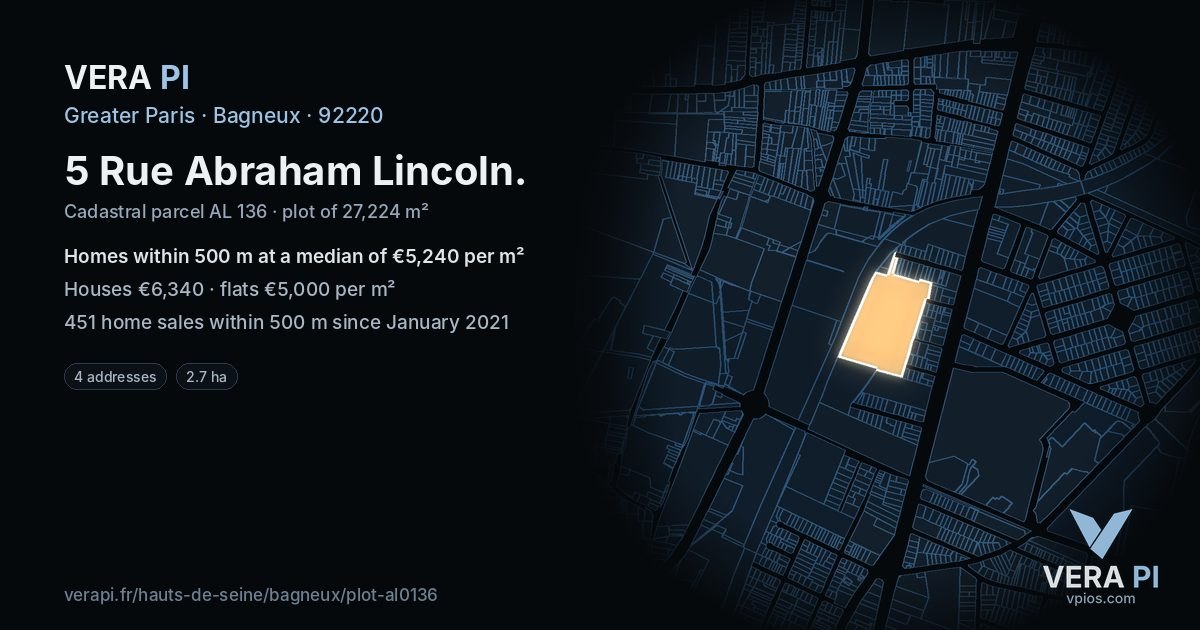 5 Rue Abraham Lincoln, Bagneux at night – the plot lit, the parcels around coloured by the prices near them