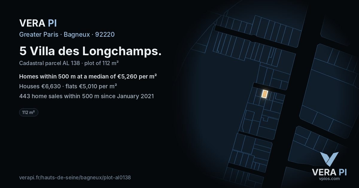 5 Villa des Longchamps, Bagneux at night – the plot lit, the parcels around coloured by the prices near them