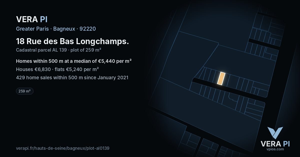 18 Rue des Bas Longchamps, Bagneux at night – the plot lit, the parcels around coloured by the prices near them