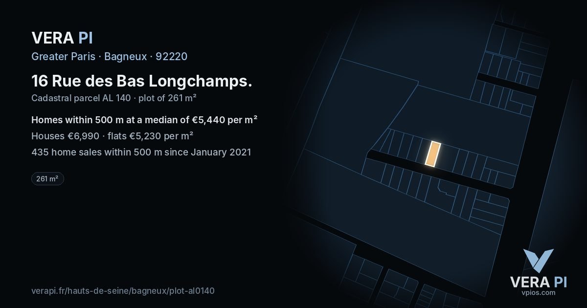 16 Rue des Bas Longchamps, Bagneux at night – the plot lit, the parcels around coloured by the prices near them