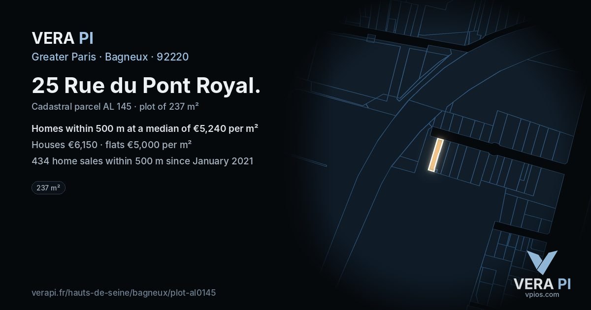 25 Rue du Pont Royal, Bagneux at night – the plot lit, the parcels around coloured by the prices near them