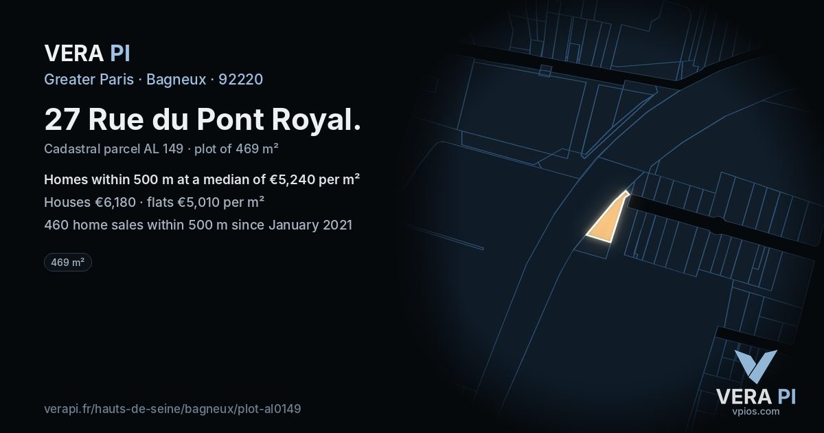 27 Rue du Pont Royal, Bagneux at night – the plot lit, the parcels around coloured by the prices near them