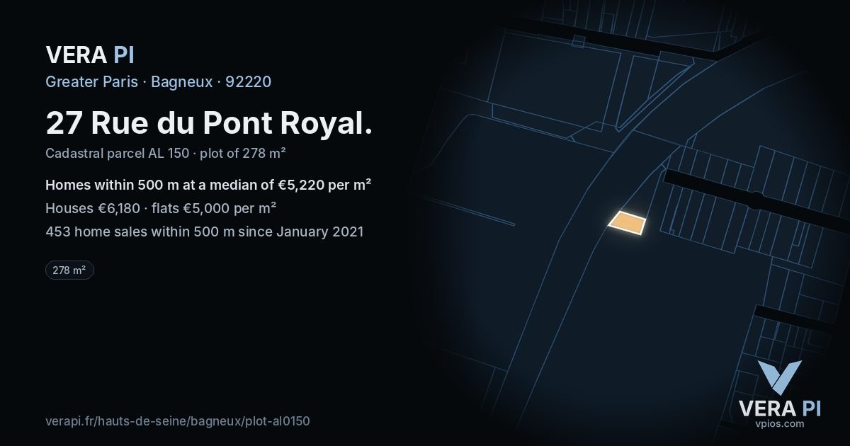 27 Rue du Pont Royal, Bagneux at night – the plot lit, the parcels around coloured by the prices near them
