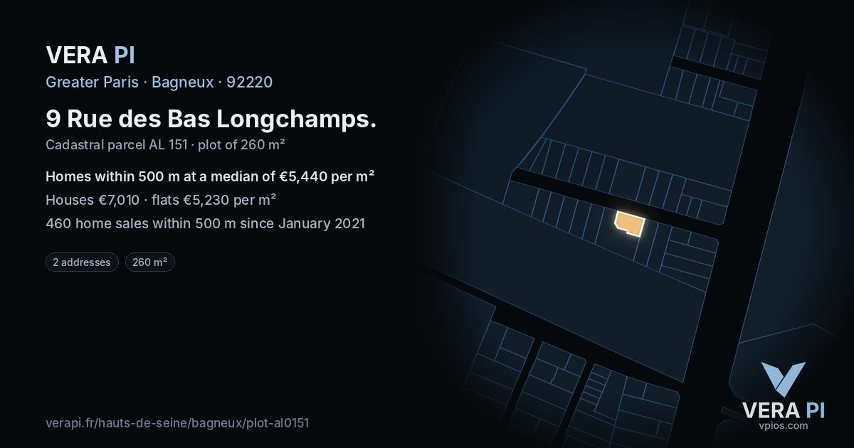9 Rue des Bas Longchamps, Bagneux at night – the plot lit, the parcels around coloured by the prices near them