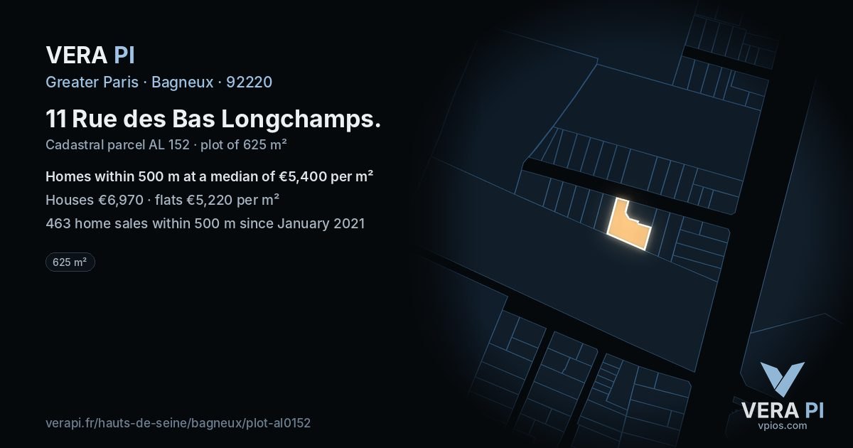 11 Rue des Bas Longchamps, Bagneux at night – the plot lit, the parcels around coloured by the prices near them