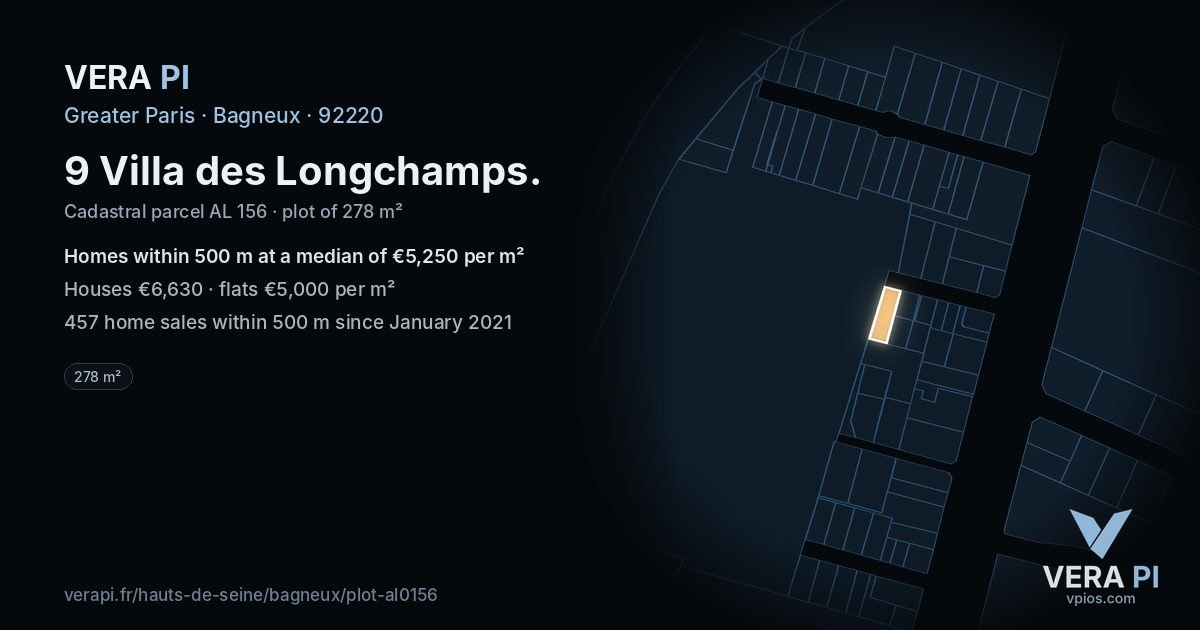 9 Villa des Longchamps, Bagneux at night – the plot lit, the parcels around coloured by the prices near them