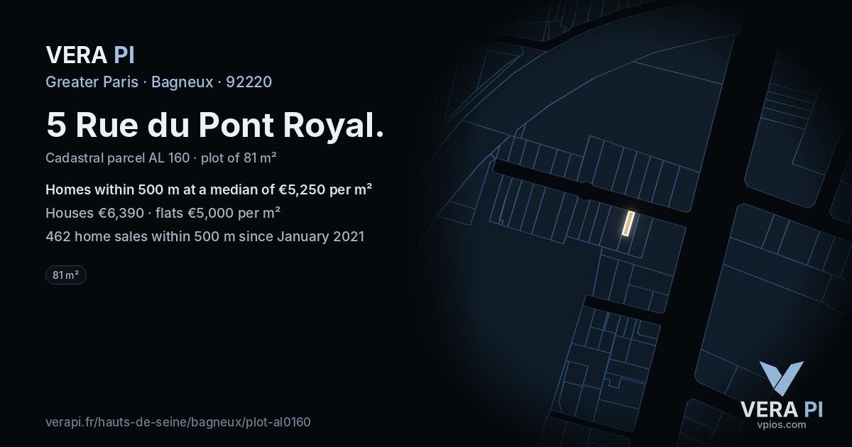 5 Rue du Pont Royal, Bagneux at night – the plot lit, the parcels around coloured by the prices near them