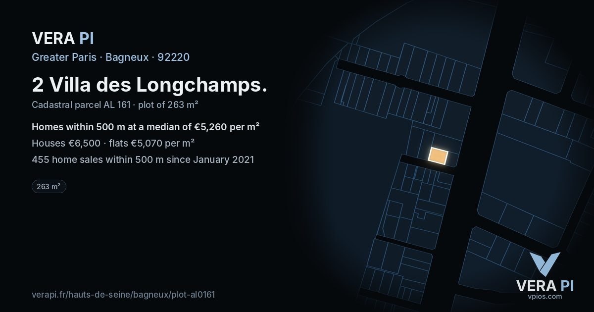 2 Villa des Longchamps, Bagneux at night – the plot lit, the parcels around coloured by the prices near them