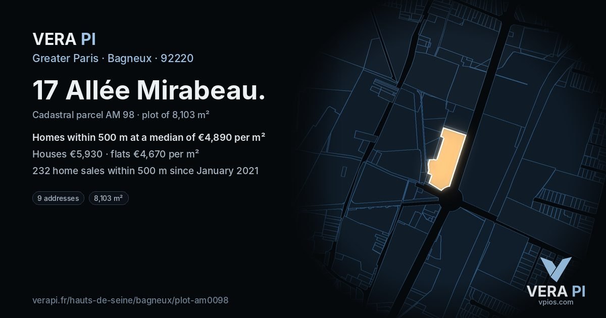 17 Allée Mirabeau, Bagneux at night – the plot lit, the parcels around coloured by the prices near them