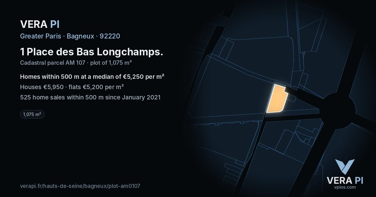 1 Place des Bas Longchamps, Bagneux at night – the plot lit, the parcels around coloured by the prices near them