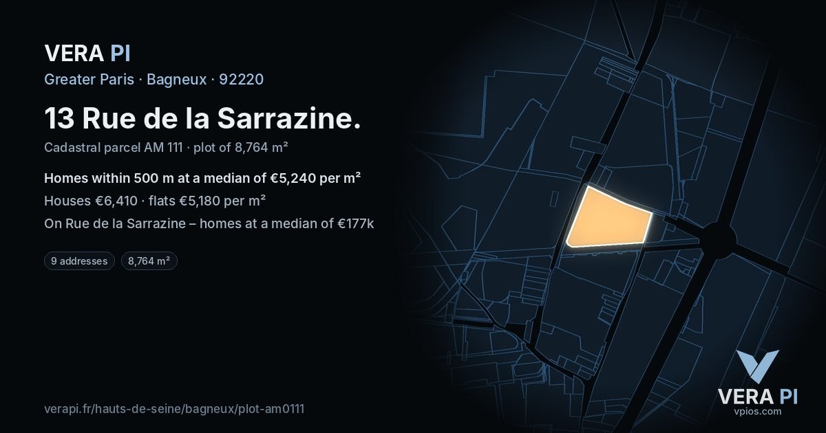 13 Rue de la Sarrazine, Bagneux at night – the plot lit, the parcels around coloured by the prices near them