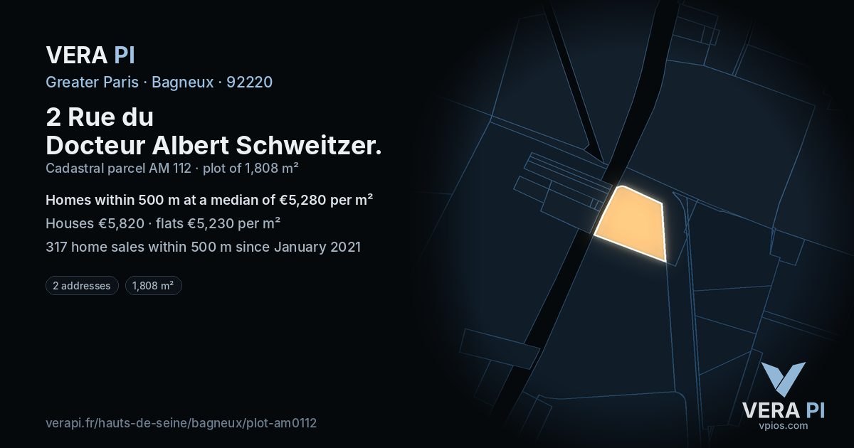2 Rue du Docteur Albert Schweitzer, Bagneux at night – the plot lit, the parcels around coloured by the prices near them