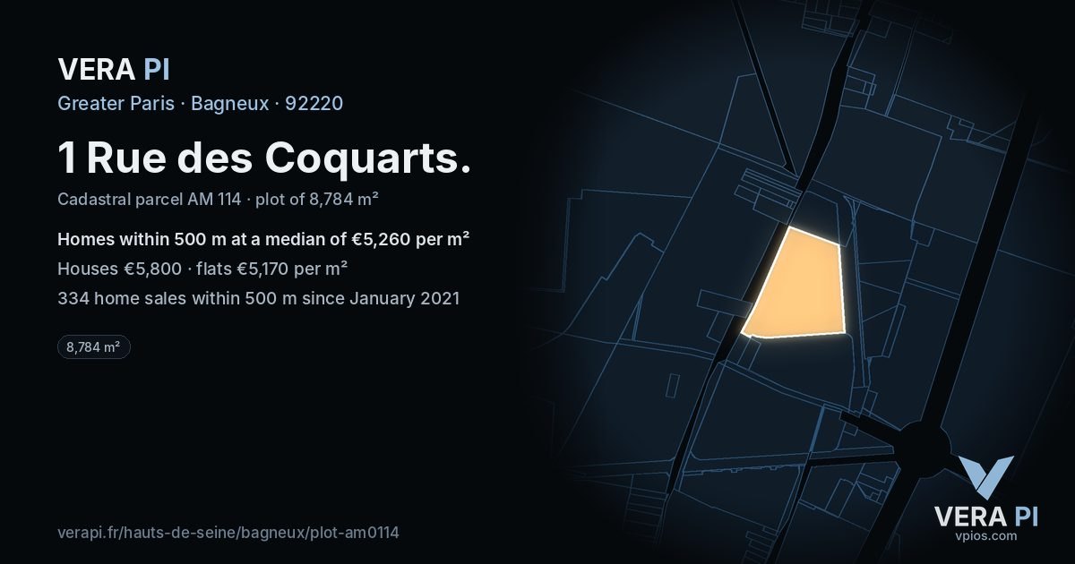 1 Rue des Coquarts, Bagneux at night – the plot lit, the parcels around coloured by the prices near them