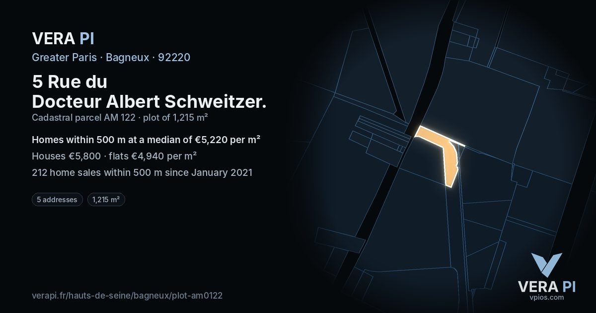 5 Rue du Docteur Albert Schweitzer, Bagneux at night – the plot lit, the parcels around coloured by the prices near them