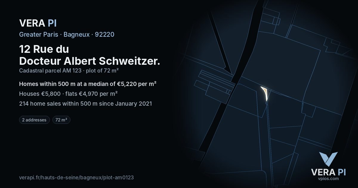 12 Rue du Docteur Albert Schweitzer, Bagneux at night – the plot lit, the parcels around coloured by the prices near them