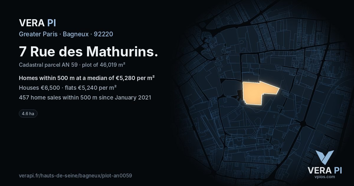 7 Rue des Mathurins, Bagneux at night – the plot lit, the parcels around coloured by the prices near them