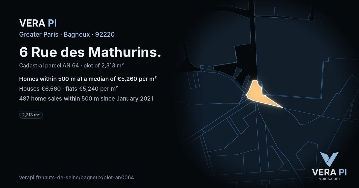 6 Rue des Mathurins, Bagneux at night – the plot lit, the parcels around coloured by the prices near them
