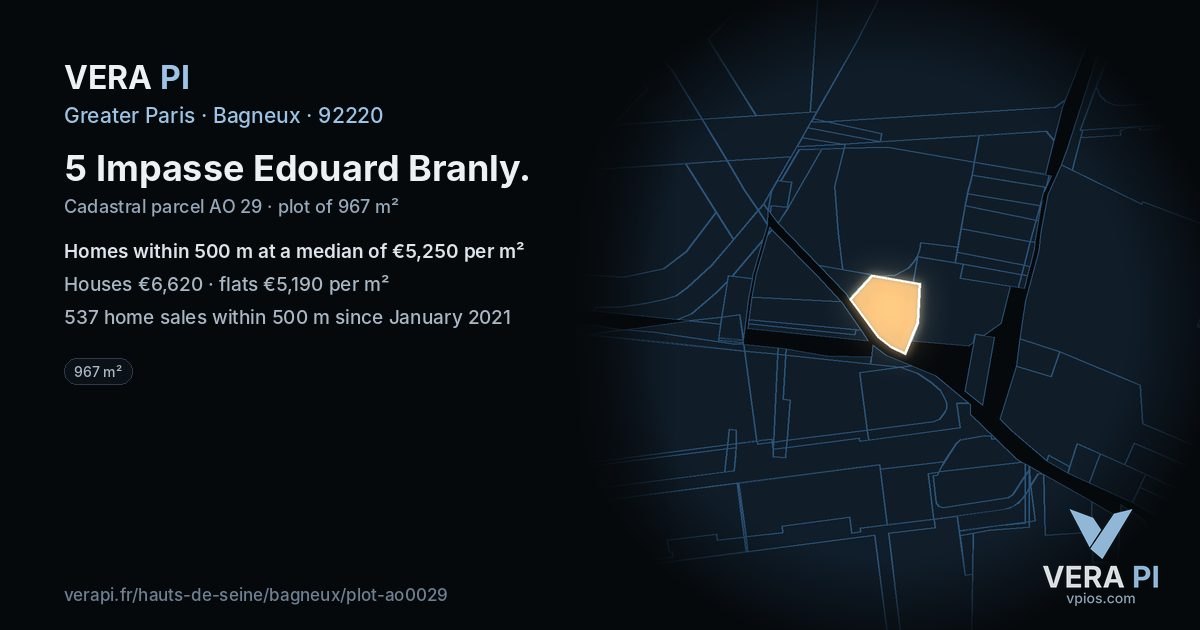 5 Impasse Edouard Branly, Bagneux at night – the plot lit, the parcels around coloured by the prices near them
