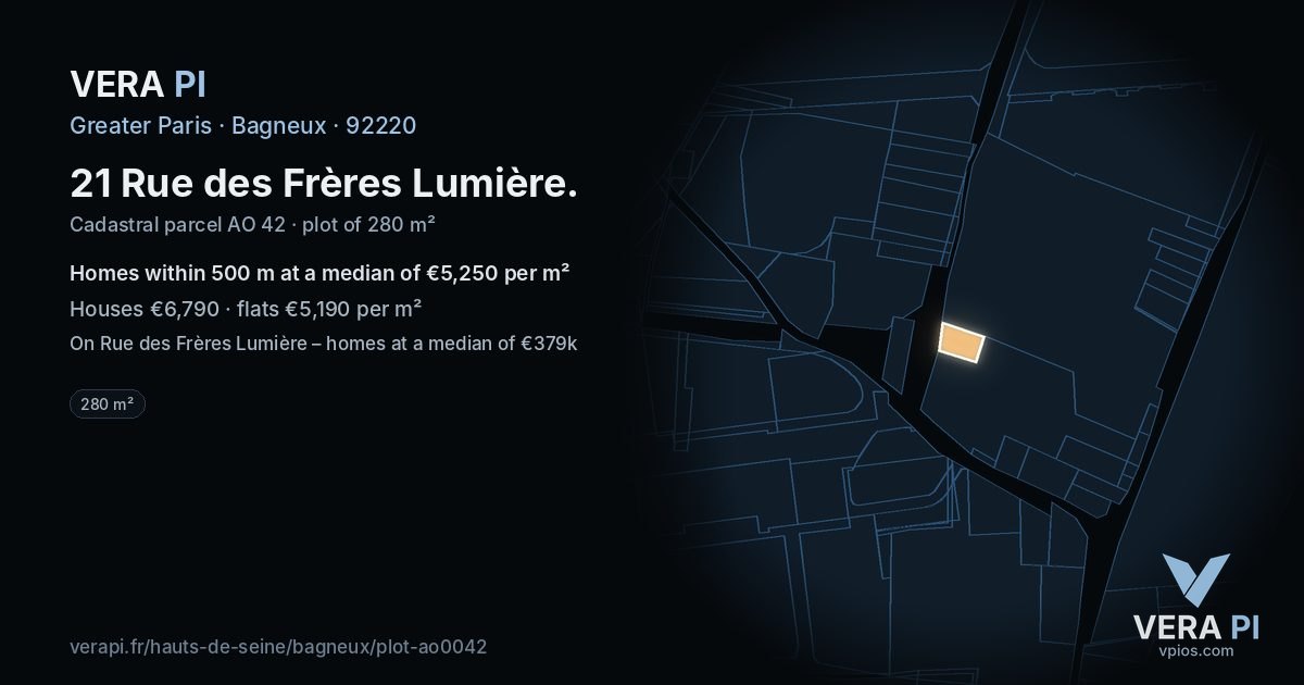 21 Rue des Frères Lumière, Bagneux at night – the plot lit, the parcels around coloured by the prices near them