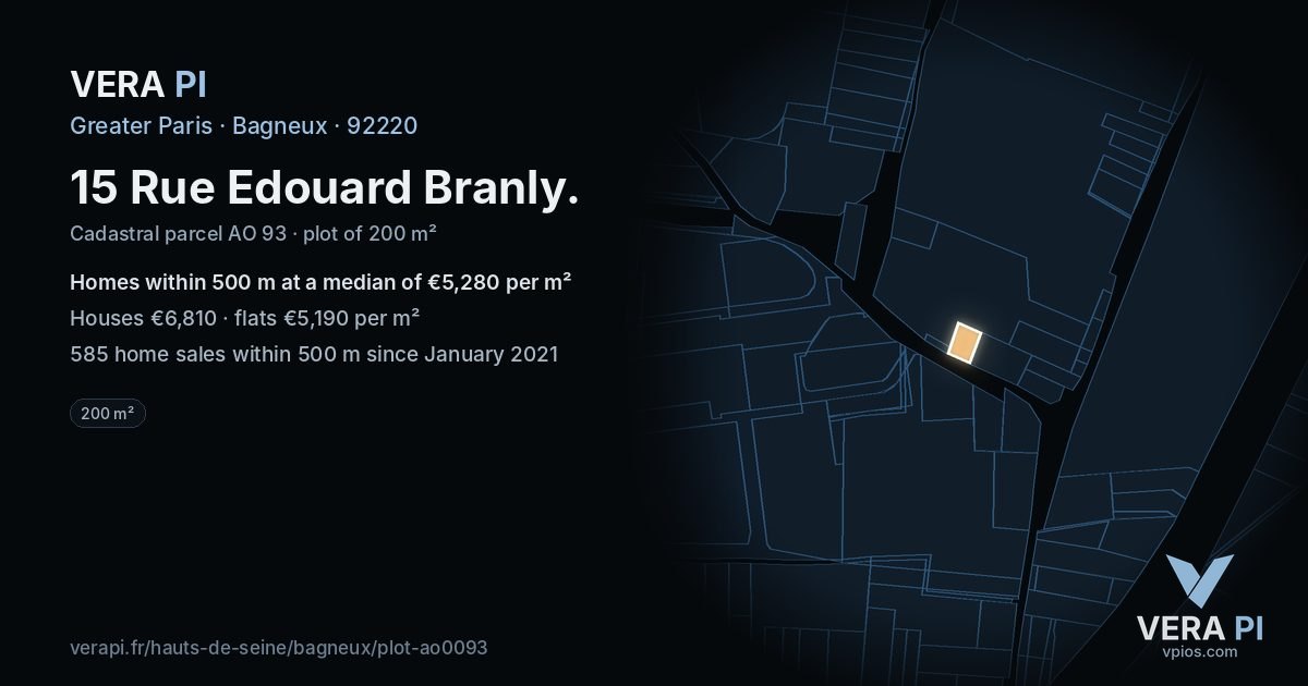 15 Rue Edouard Branly, Bagneux at night – the plot lit, the parcels around coloured by the prices near them