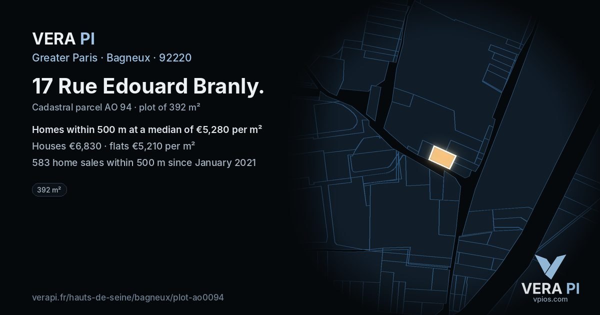 17 Rue Edouard Branly, Bagneux at night – the plot lit, the parcels around coloured by the prices near them