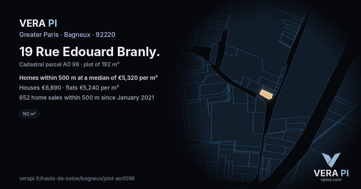 19 Rue Edouard Branly, Bagneux at night – the plot lit, the parcels around coloured by the prices near them