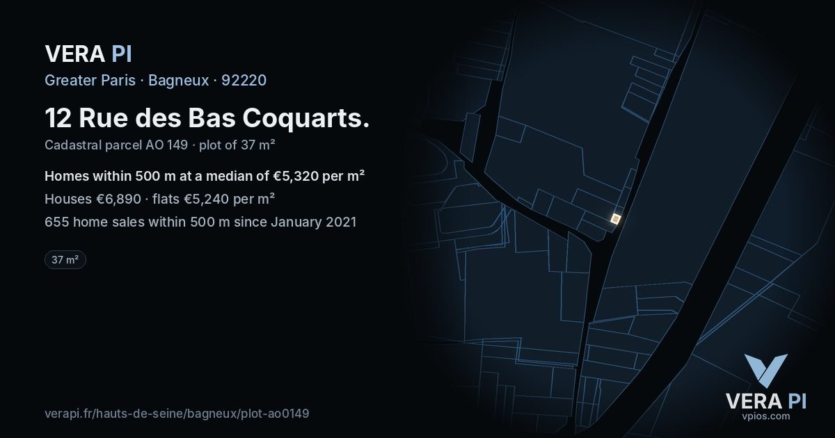 12 Rue des Bas Coquarts, Bagneux at night – the plot lit, the parcels around coloured by the prices near them