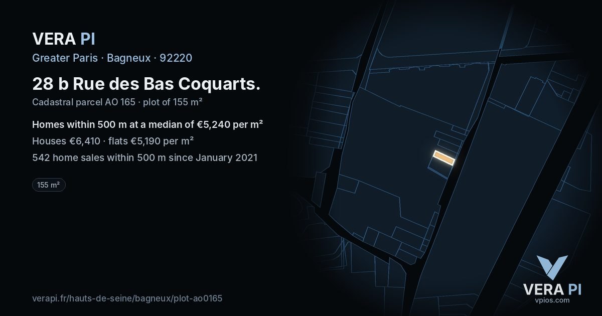 28 b Rue des Bas Coquarts, Bagneux at night – the plot lit, the parcels around coloured by the prices near them
