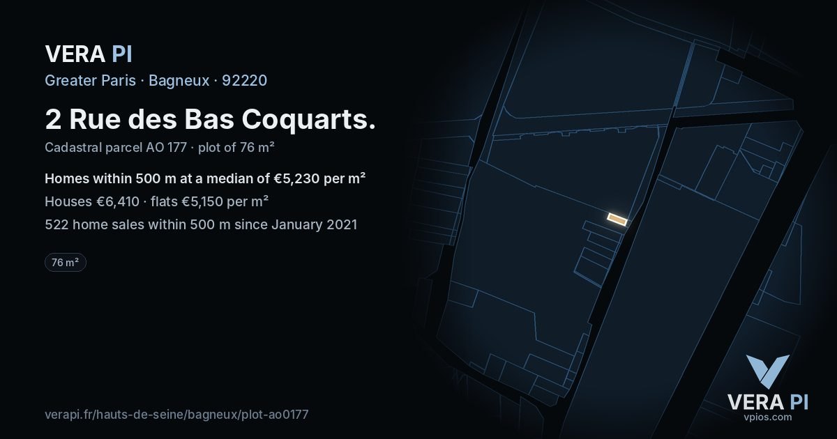 2 Rue des Bas Coquarts, Bagneux at night – the plot lit, the parcels around coloured by the prices near them