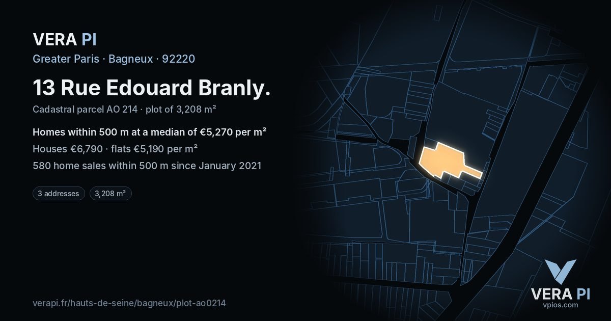 13 Rue Edouard Branly, Bagneux at night – the plot lit, the parcels around coloured by the prices near them