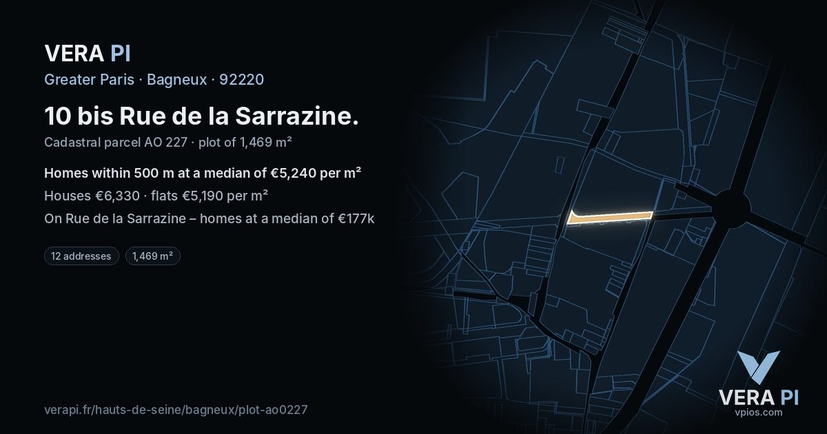 10 bis Rue de la Sarrazine, Bagneux at night – the plot lit, the parcels around coloured by the prices near them