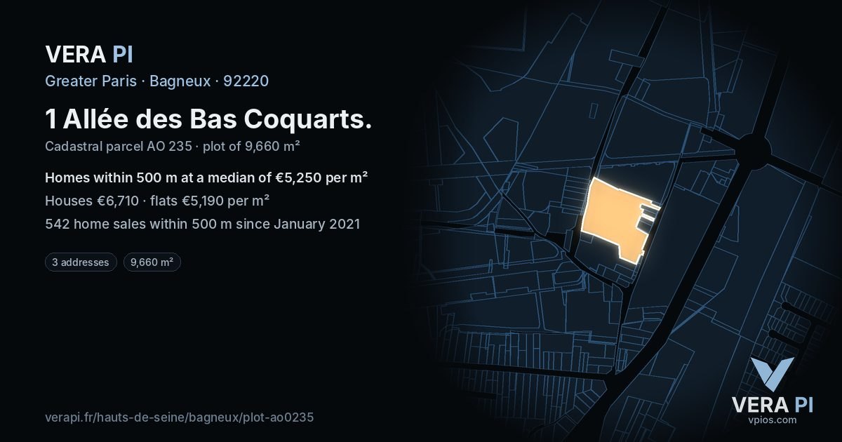 1 Allée des Bas Coquarts, Bagneux at night – the plot lit, the parcels around coloured by the prices near them