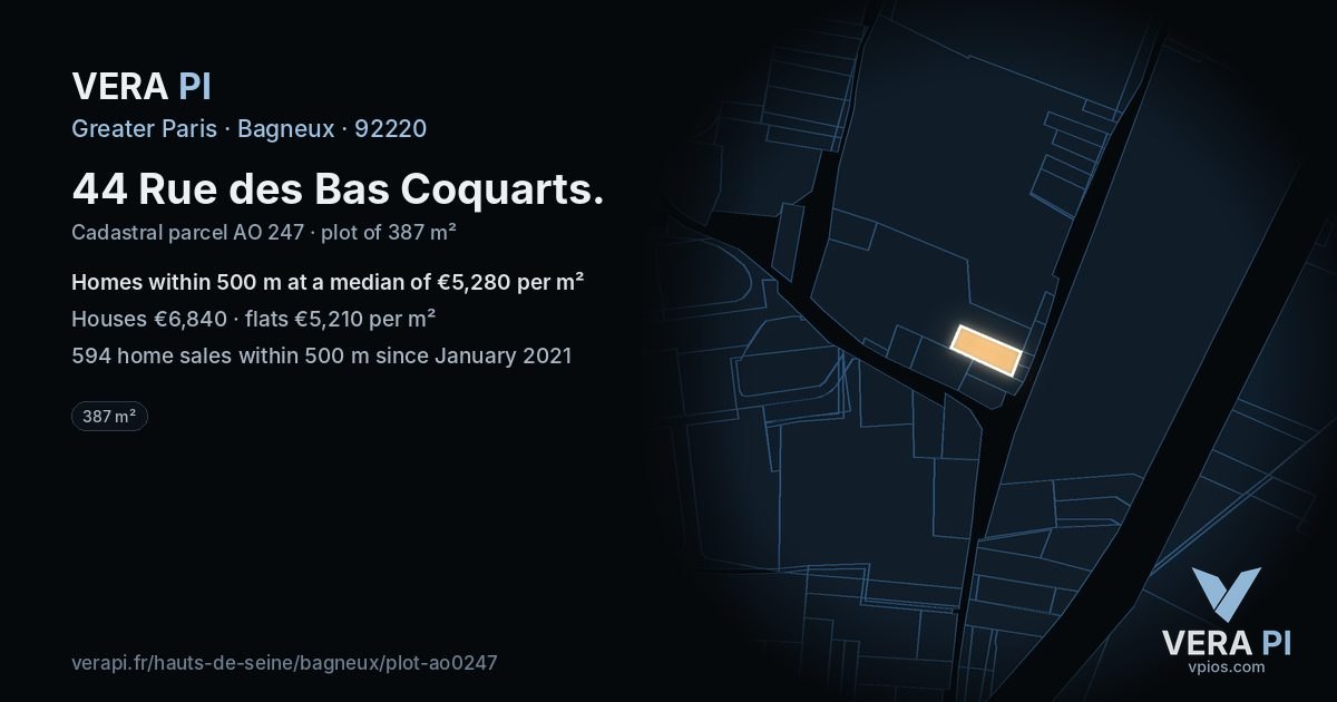 44 Rue des Bas Coquarts, Bagneux at night – the plot lit, the parcels around coloured by the prices near them