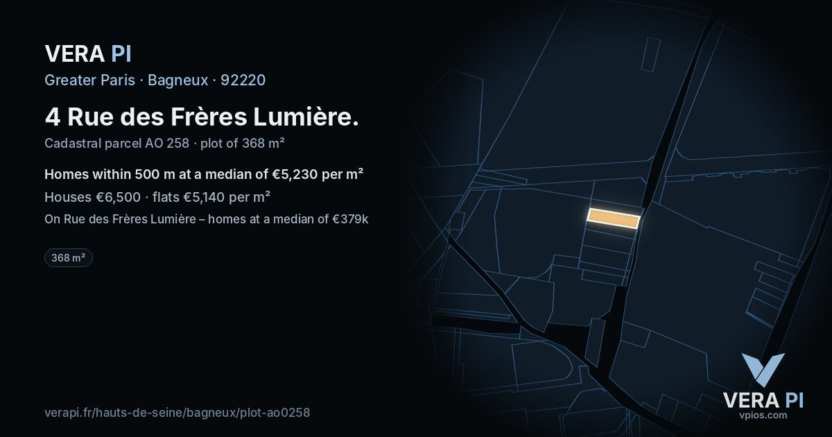 4 Rue des Frères Lumière, Bagneux at night – the plot lit, the parcels around coloured by the prices near them