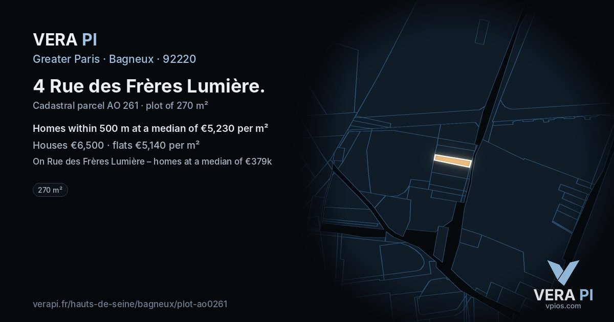 4 Rue des Frères Lumière, Bagneux at night – the plot lit, the parcels around coloured by the prices near them