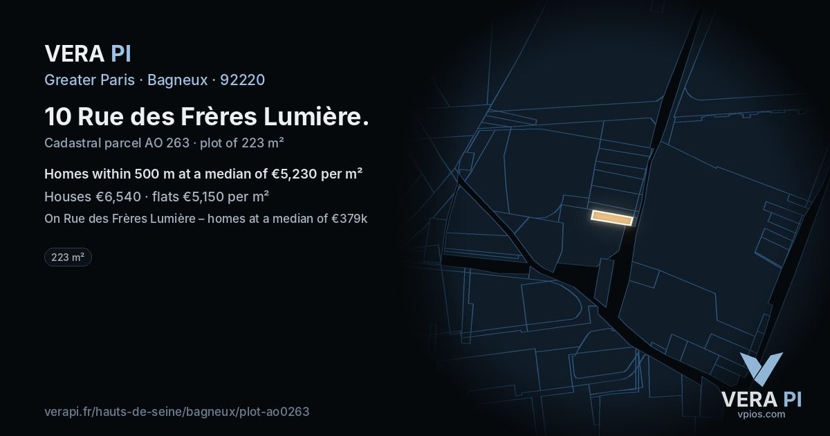 10 Rue des Frères Lumière, Bagneux at night – the plot lit, the parcels around coloured by the prices near them