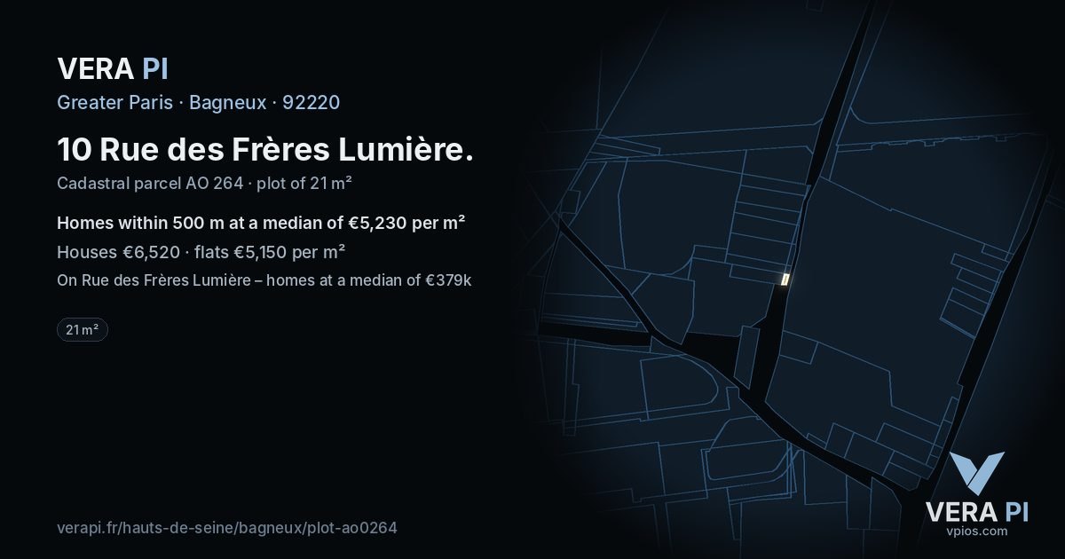 10 Rue des Frères Lumière, Bagneux at night – the plot lit, the parcels around coloured by the prices near them