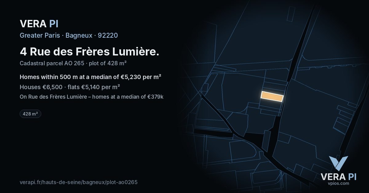 4 Rue des Frères Lumière, Bagneux at night – the plot lit, the parcels around coloured by the prices near them