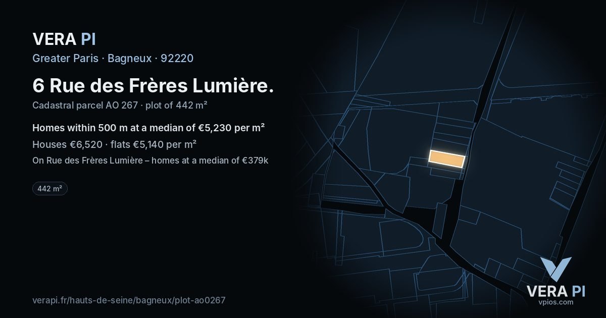 6 Rue des Frères Lumière, Bagneux at night – the plot lit, the parcels around coloured by the prices near them