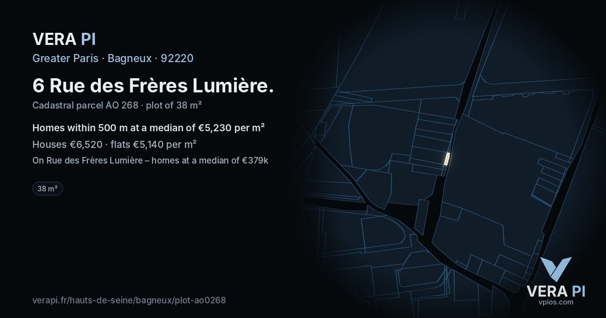 6 Rue des Frères Lumière, Bagneux at night – the plot lit, the parcels around coloured by the prices near them